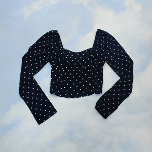 Black & White Polka Dot Top Polka Dot Sweetheart Sleeve Crop Top Blouse